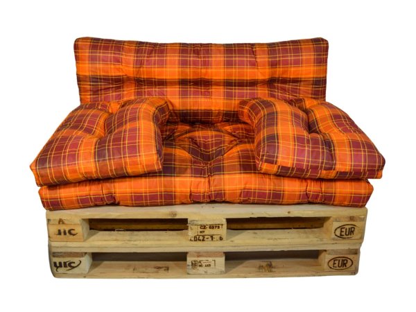 LKV Lomnice Polstr na paletový nábytek s opěrkou a polštáři - oranžovočervená kostka