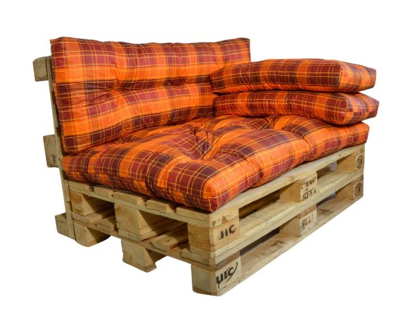 Polstr na paletový nábytek s opěrkou a polštáři - oranžovočervená kostka